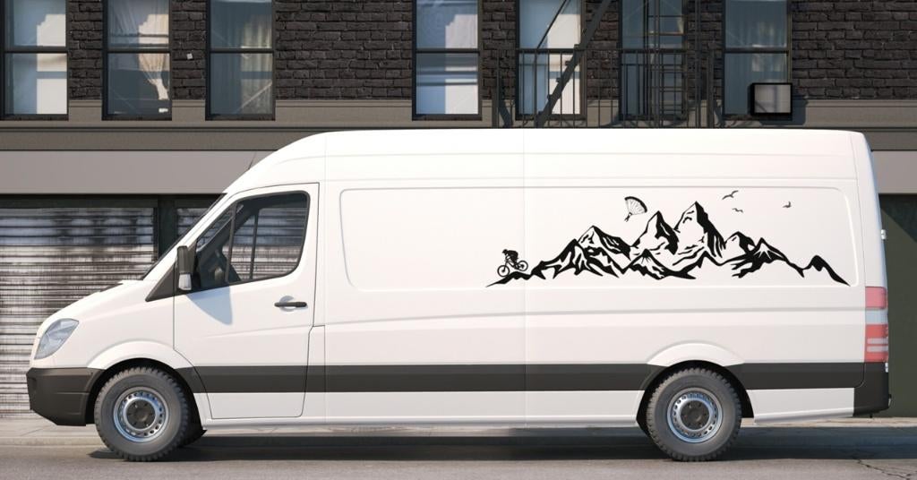 camper caravan bus sticker Bergen met parachutist, Caravans en Kamperen, Camper-accessoires, The River House, Info@theriverhouse.nl