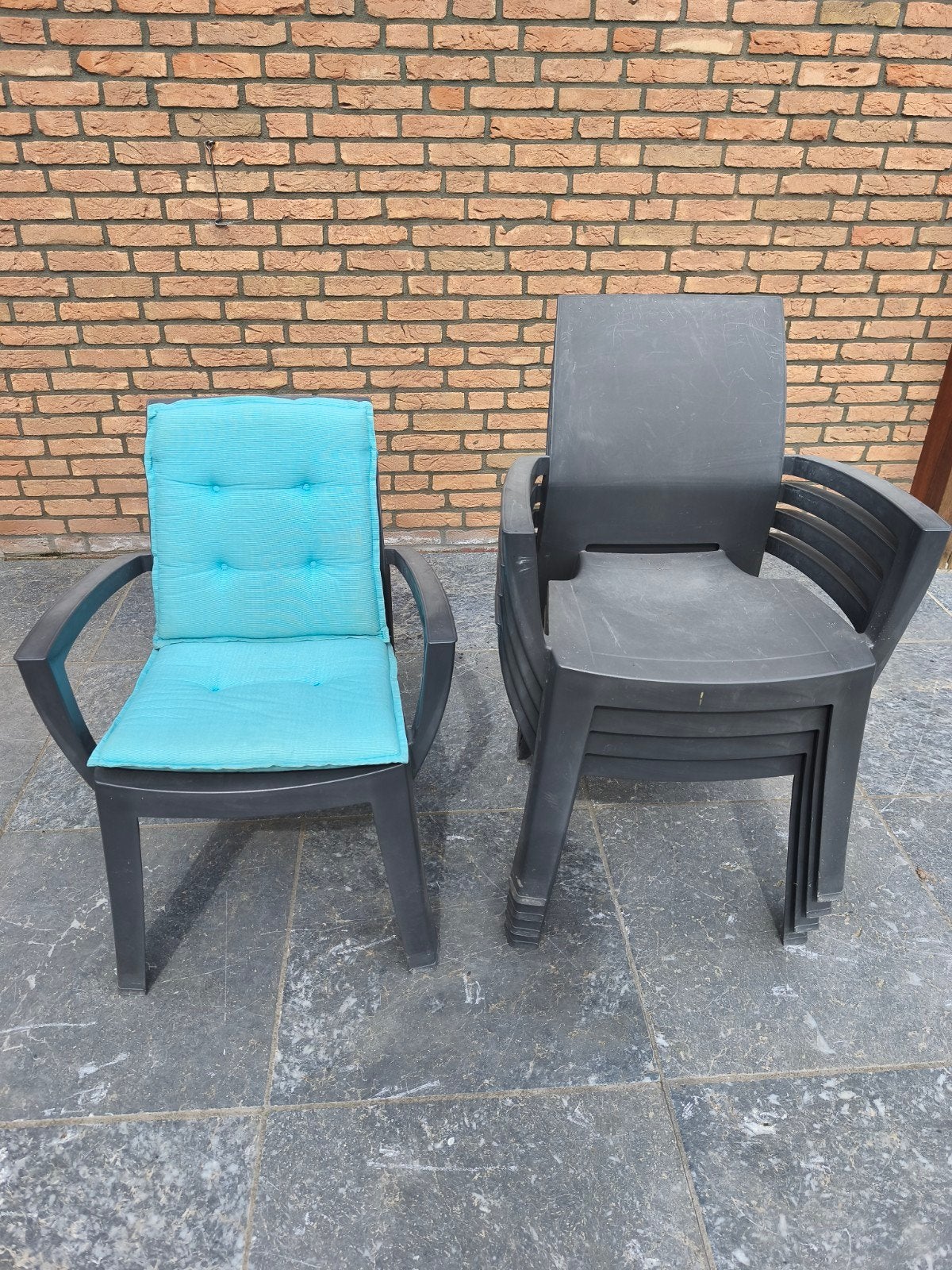 5 stapel stoelen met kussens, Tuin en Terras, Ophalen, Gebruikt, Kunststof