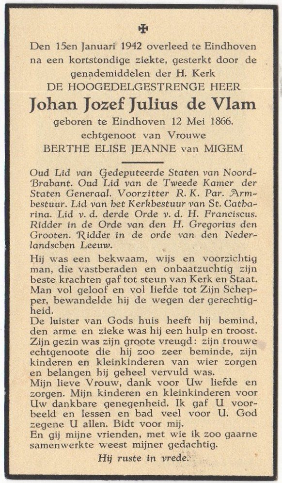 Johan J.J. de Vlam 1866 Eindhoven + 1942 Eindhoven, 75 jaar, Verzamelen, Bidprentjes en Rouwkaarten, Verzenden