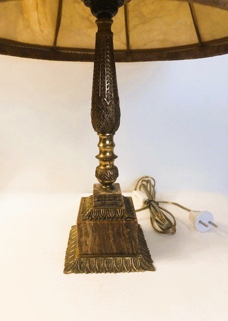 Antiek brocante tafellamp barok messing marmer met leren kap, Overige typen, Met kap, Ophalen of Verzenden, Metaal