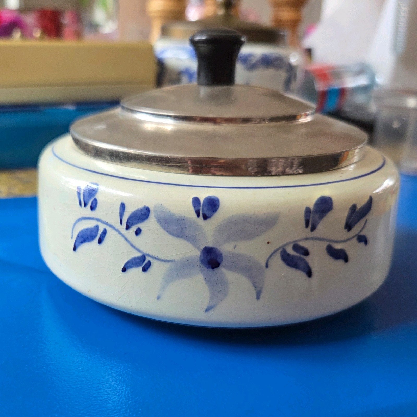 Vintage Delfts Blauw Potje met Molen en Bloemen, Antiek en Kunst, Ophalen