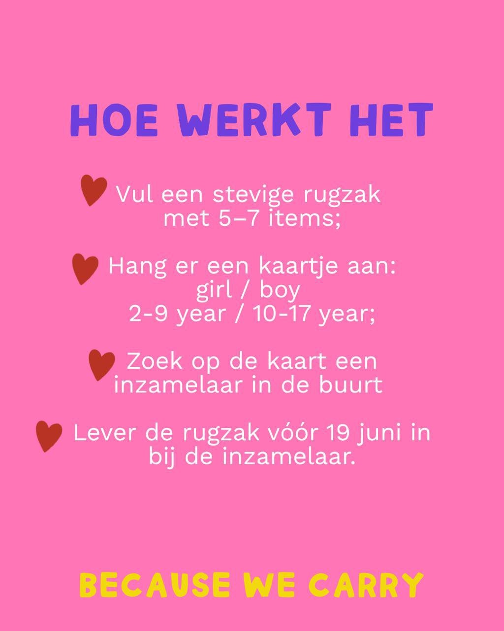 Because We Carry rugzakjes actie, Ophalen, Nieuw