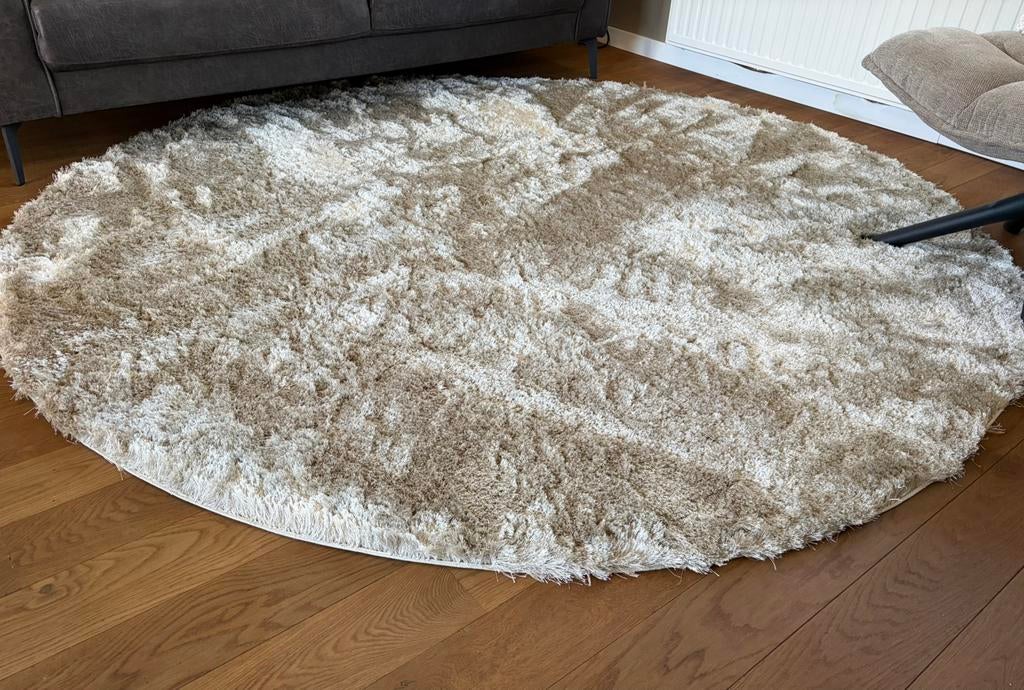Groot rond hoogpolig vloerkleed Volero z.g.a.n, Huis en Inrichting, Stoffering | Tapijten en Kleden, Ophalen, Beige, Rond, 200 cm of meer