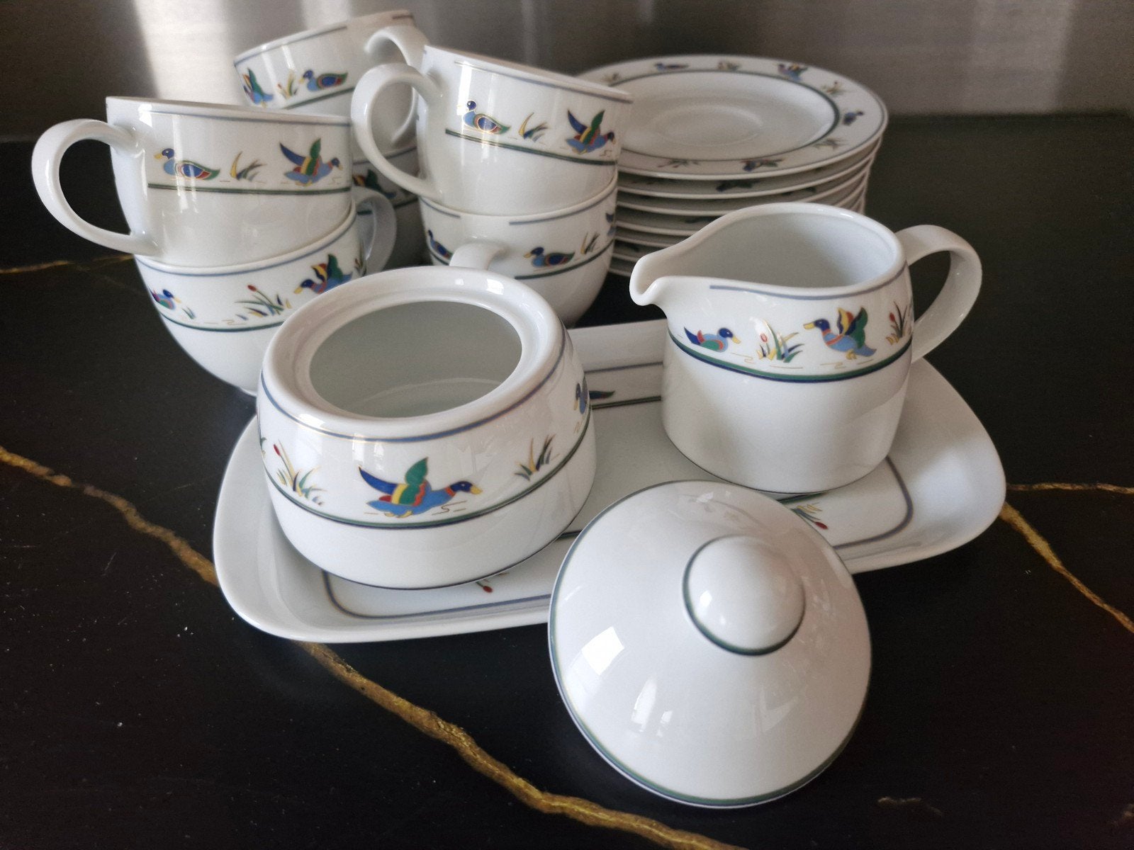 Arzberg Bluebirds koffiesetje, Ophalen of Verzenden, Zo goed als nieuw, Overige stijlen, Kop(pen) en/of Schotel(s)