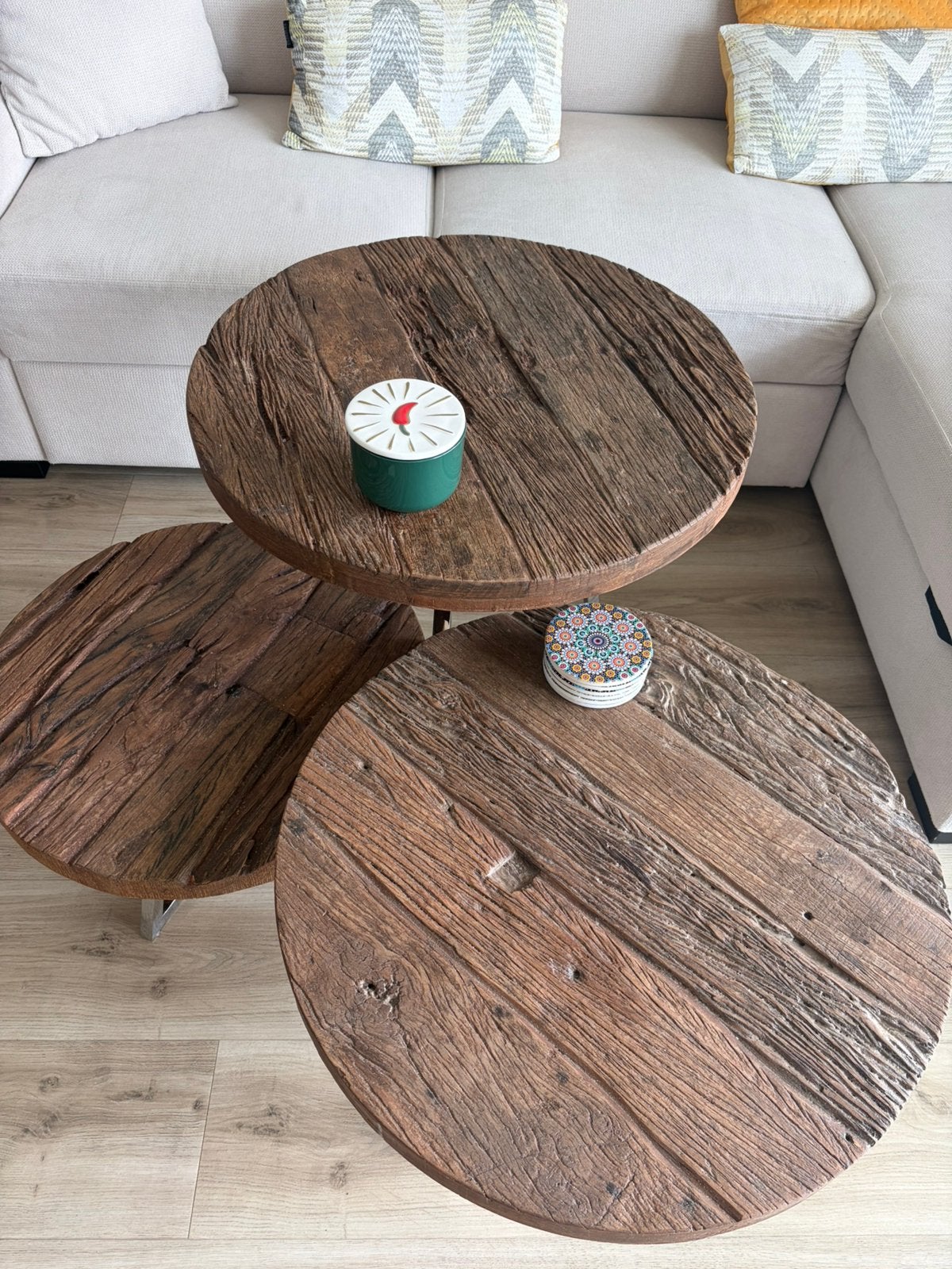 Te koop: ZGAN Chique/Massieve houten/moderne salontafelset, Ophalen, Zo goed als nieuw, Rond, 50 tot 100 cm