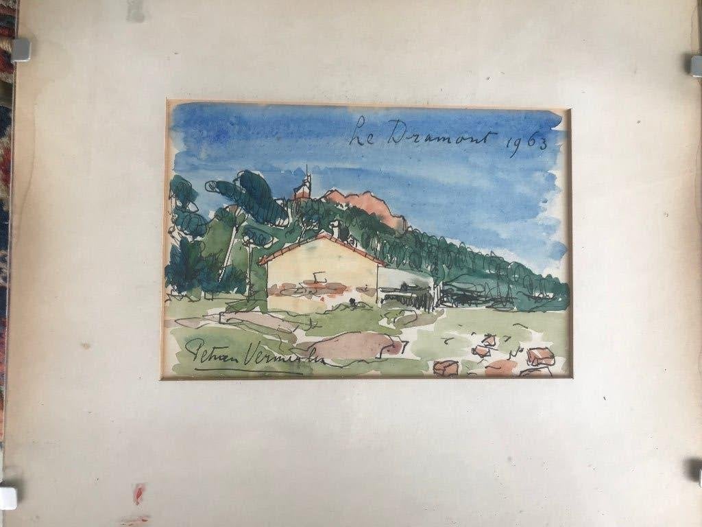 pentekening aquarel landschap le dramont petran vermeulen, Gedateerd, Impressionistisch, Ophalen of Verzenden, Landschap