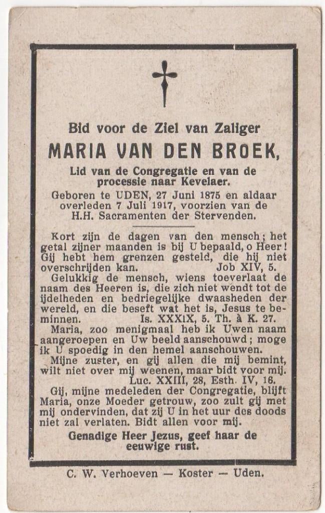 Maria van den Broek 1875 Uden + 1917 Uden, 42 jaar, Verzamelen, Bidprentjes en Rouwkaarten, Verzenden