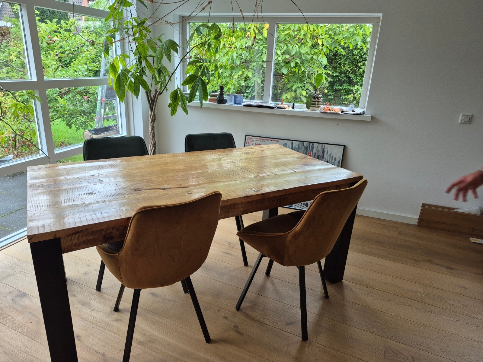 Robuuste houten eettafel met metalen poten, Gebruikt, 50 tot 100 cm, 150 tot 200 cm, Industrieel, Robuust