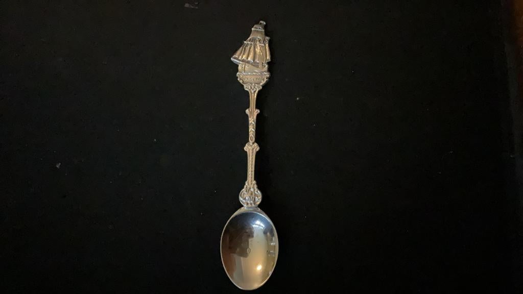 Antieke zilveren lepel met figuur kofschip, Ophalen of Verzenden