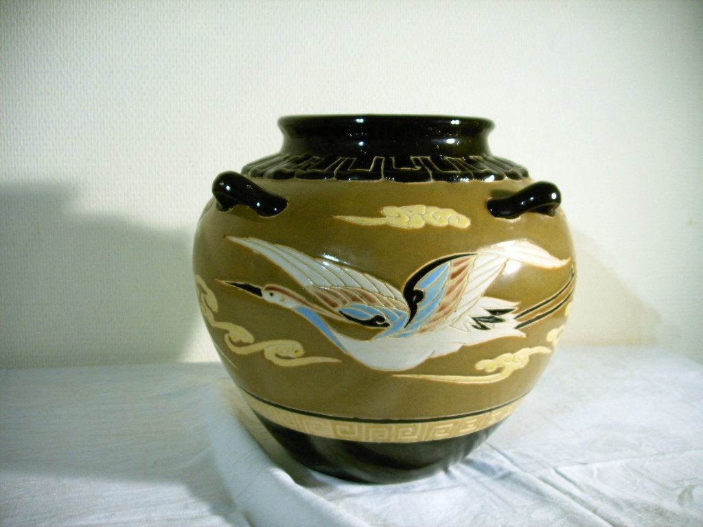 Antieke pot met kraanvogels., Ophalen of Verzenden