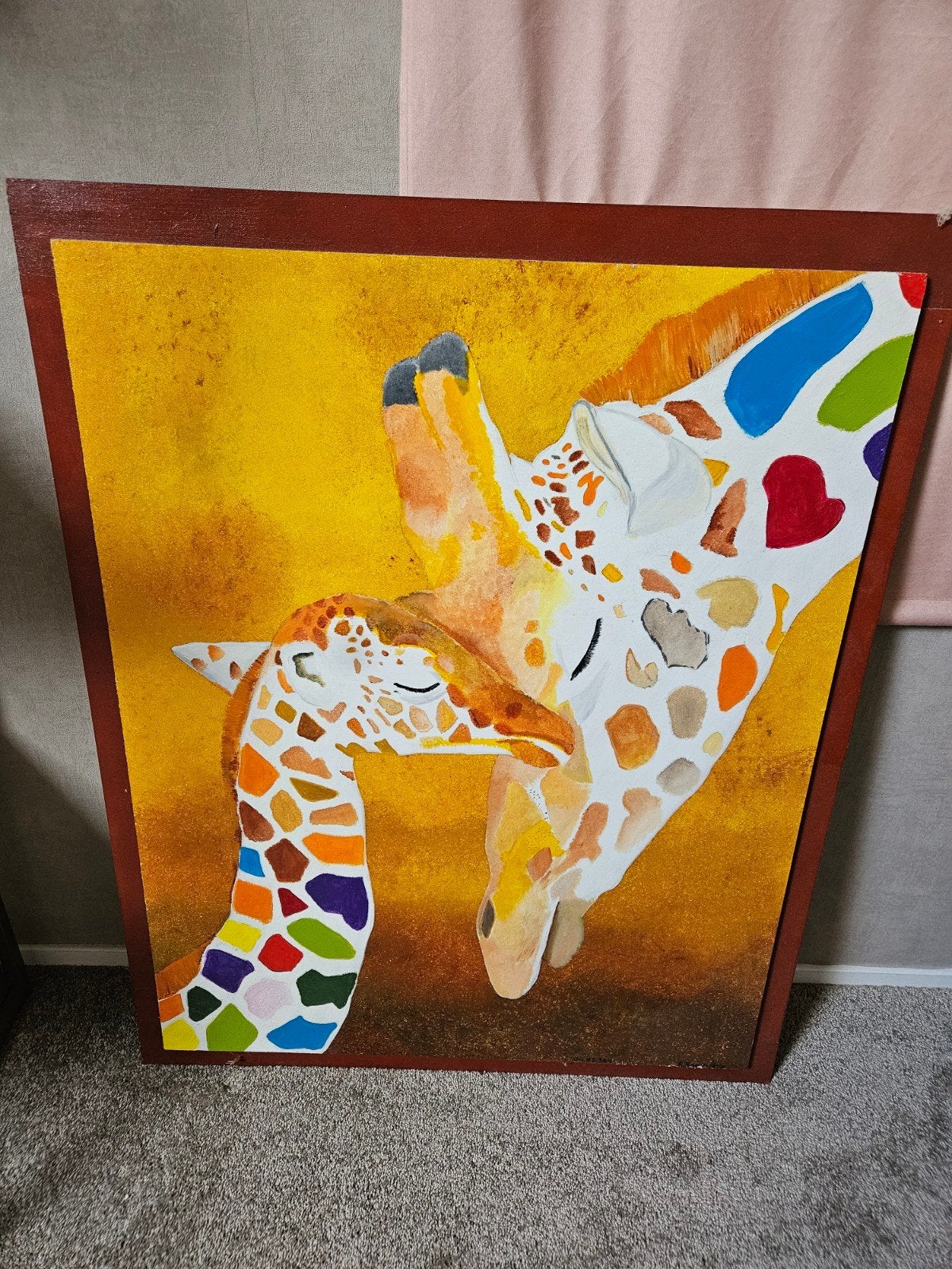 Schilderij giraffes: Moeder en kind in kleurrijke stijl, Ophalen, Acrylverf, Hout, Dieren