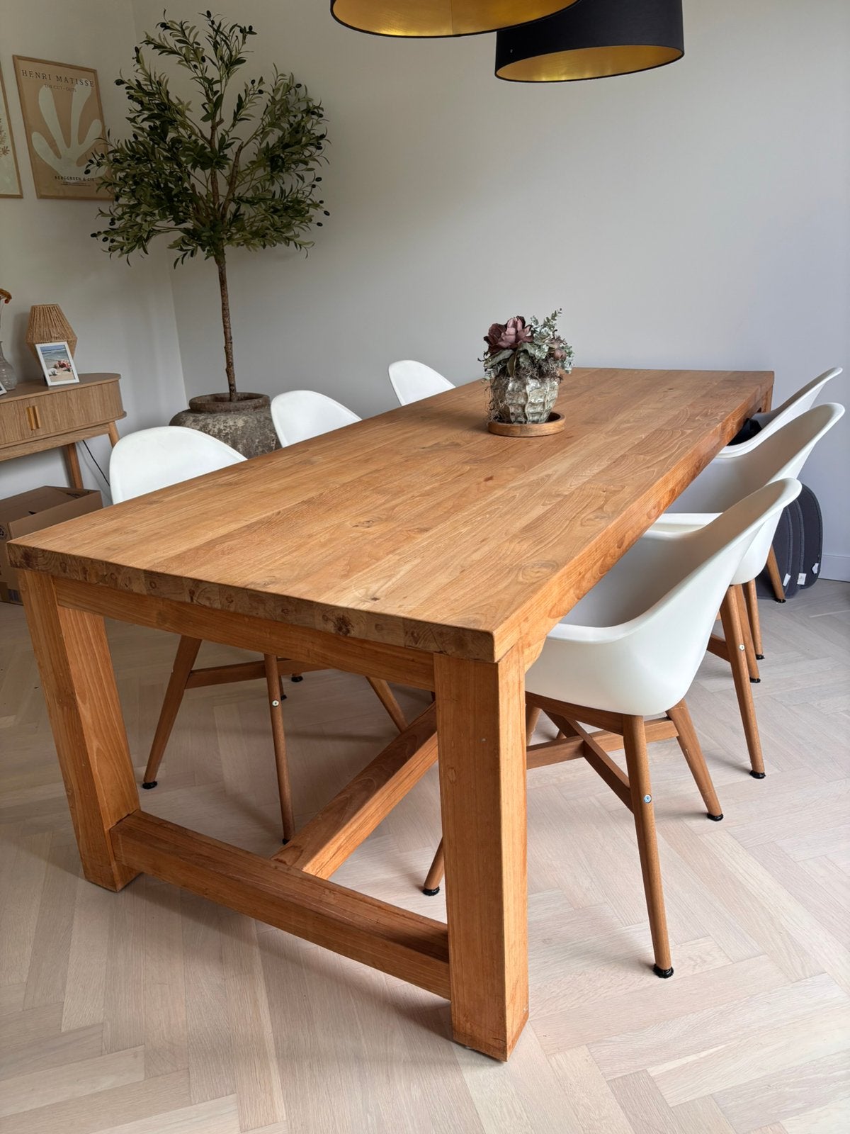 Moderne eethoek met 6 witte kuipstoelen, Ophalen, 200 cm of meer, 50 tot 100 cm, Zo goed als nieuw