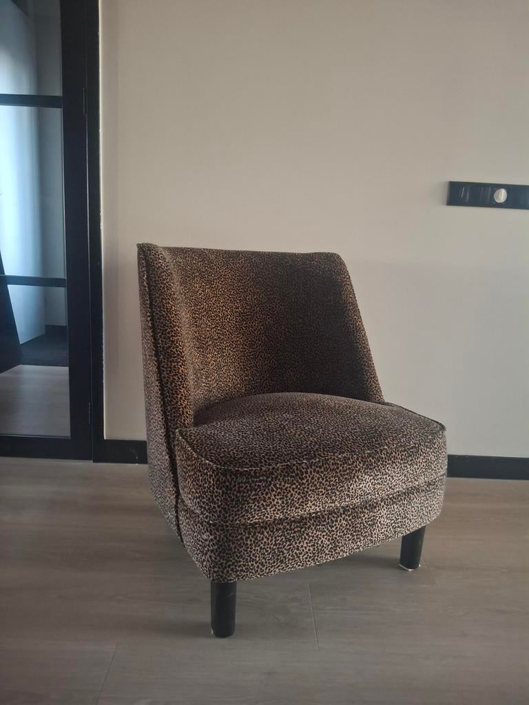 Compact stoeltje met panterprint (bruin met zwart), Huis en Inrichting, Stoelen, Gebruikt, Eén, Stof, Bruin, Ophalen