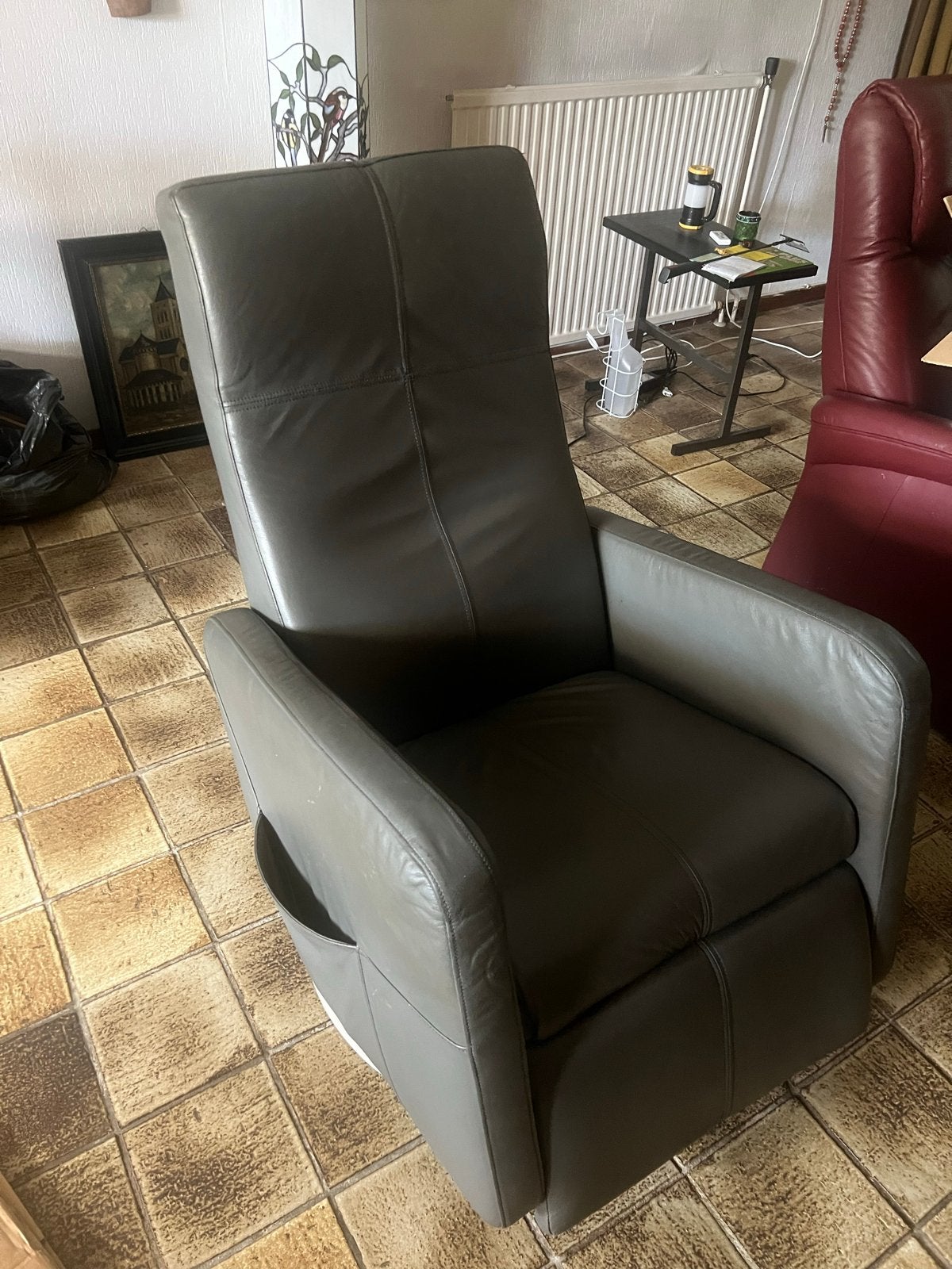 Comfortabele grijze leren relaxfauteuil, Ophalen, Minder dan 75 cm, Leer, Zo goed als nieuw