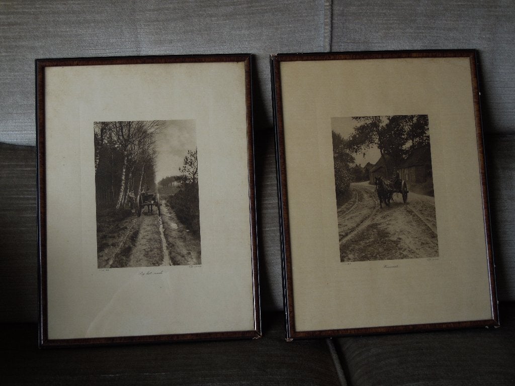 Set van 2 antieke foto's: landschappen met paard en wagen, Ophalen