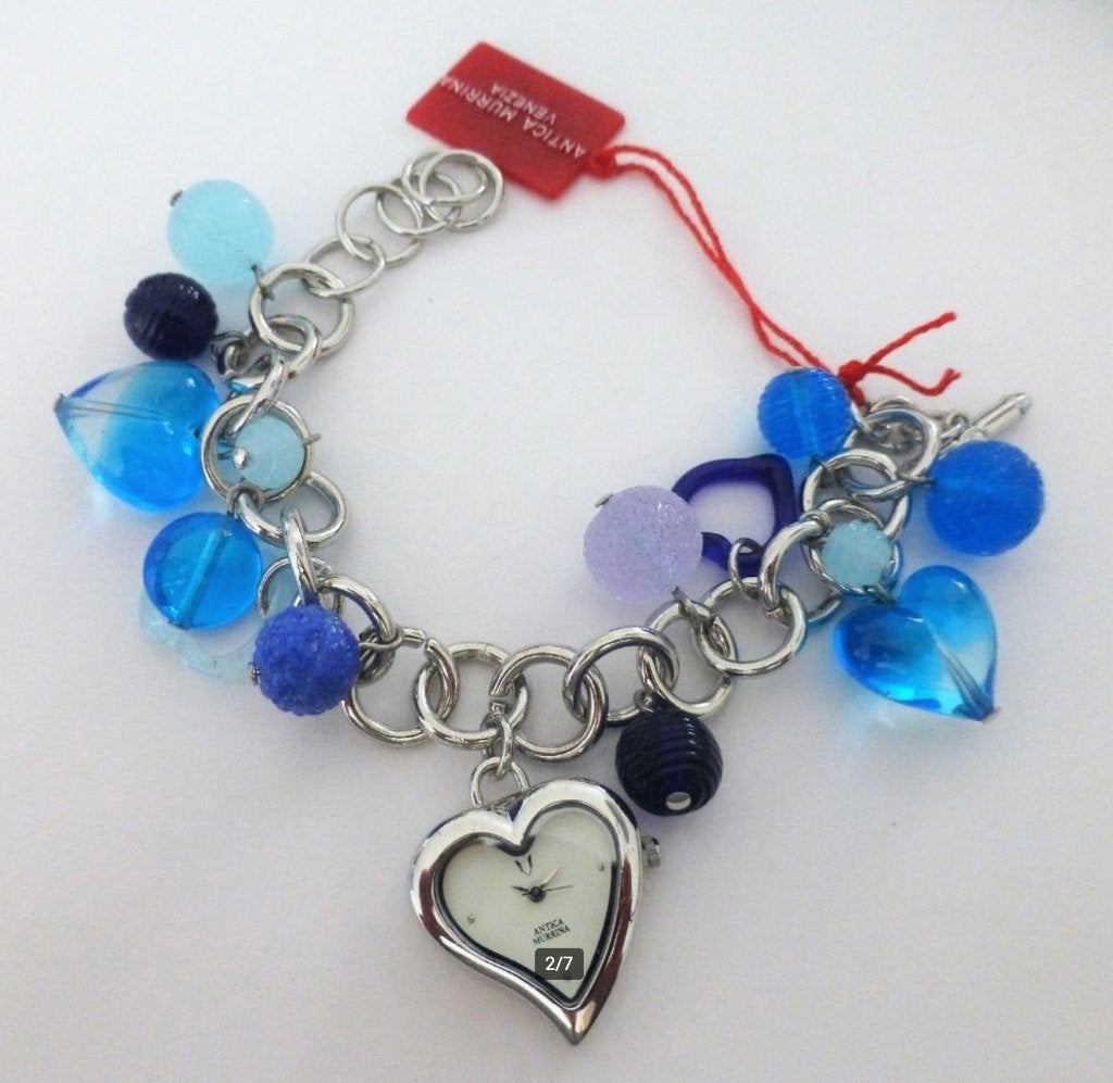 Schakel Armband blauwe glas kralen en hartvormig horloge, Sieraden, Tassen en Uiterlijk, Armbanden, Nieuw, Overige materialen