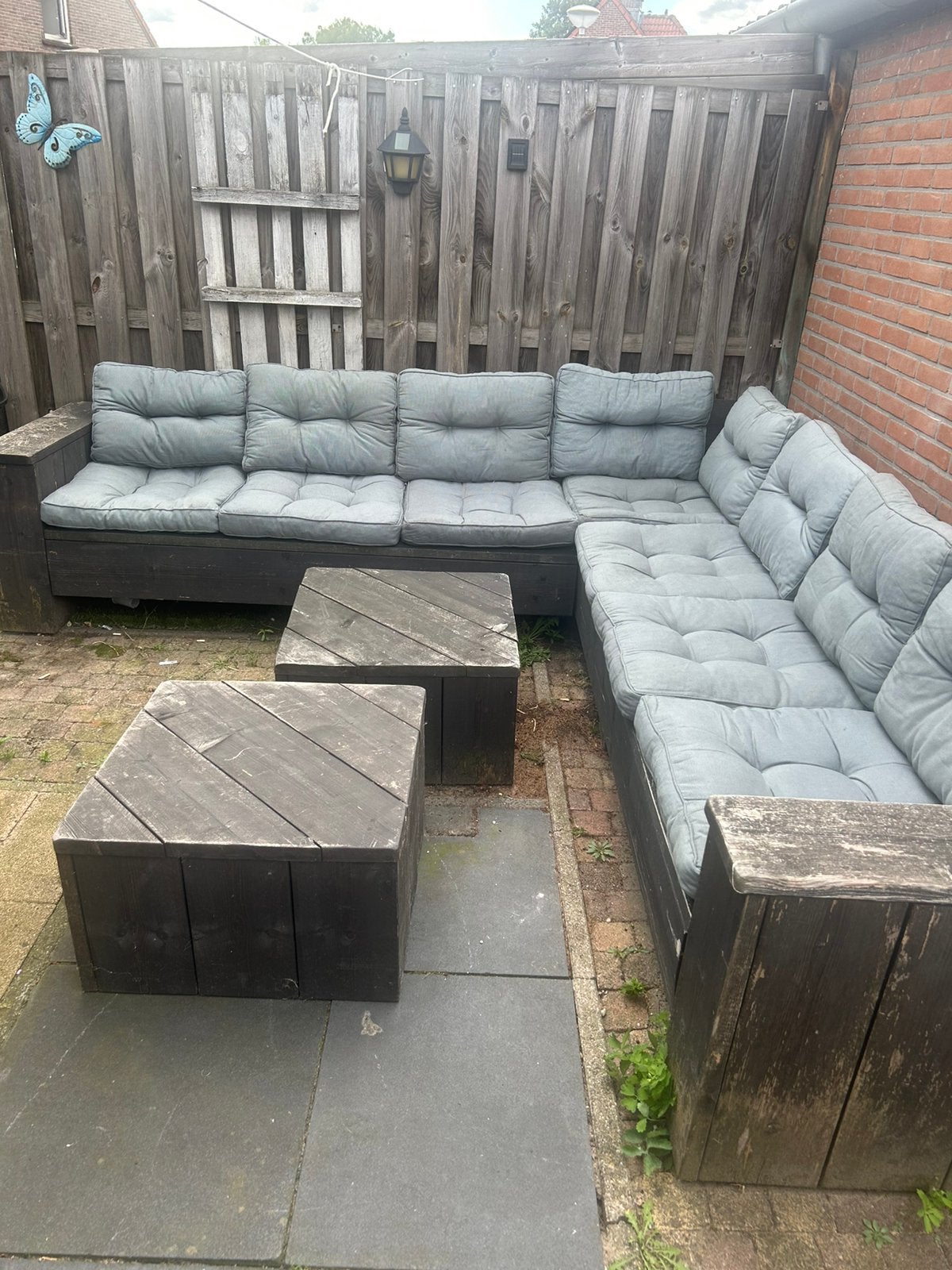 Steigerhout hoekbank met 2 hocker en Madison kussens, Ophalen, Gebruikt, 6 zitplaatsen, Hocker