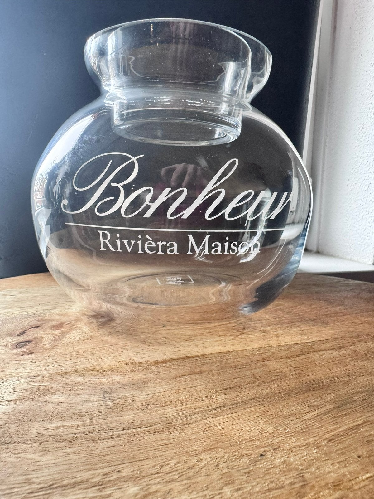 Riviera Maison Bonheur vaas/windlicht, Gebruikt, Met patroon/structuur, Transparant, Ophalen of Verzenden
