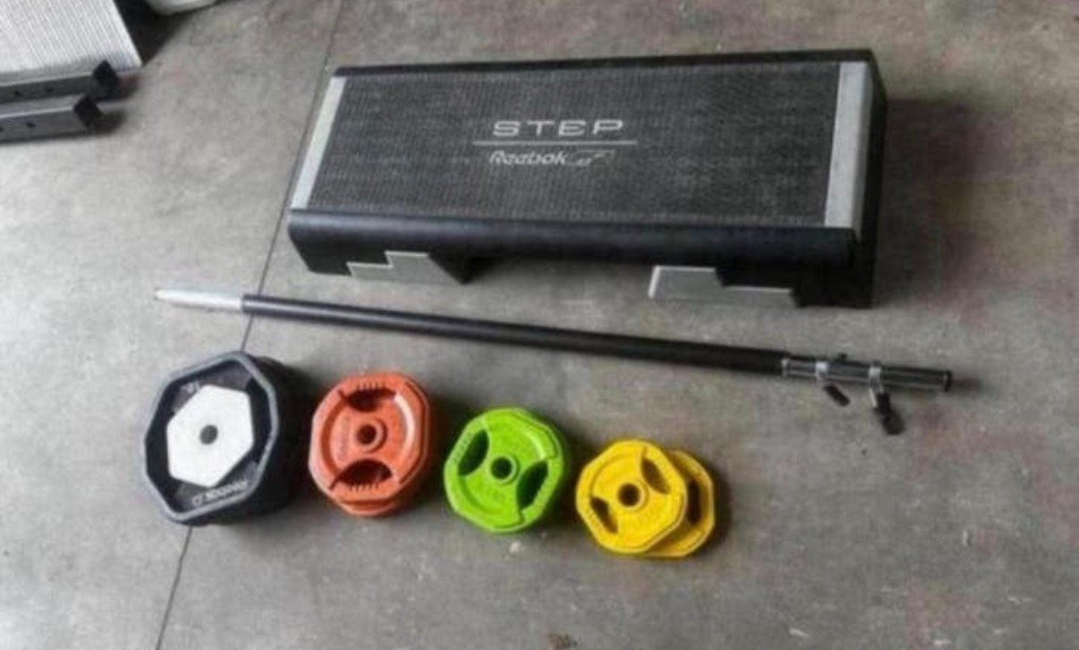 Reebok Body Pump Set + 2x10 Gewichten , Reebok Step, Ophalen, Gebruikt, Stepbank