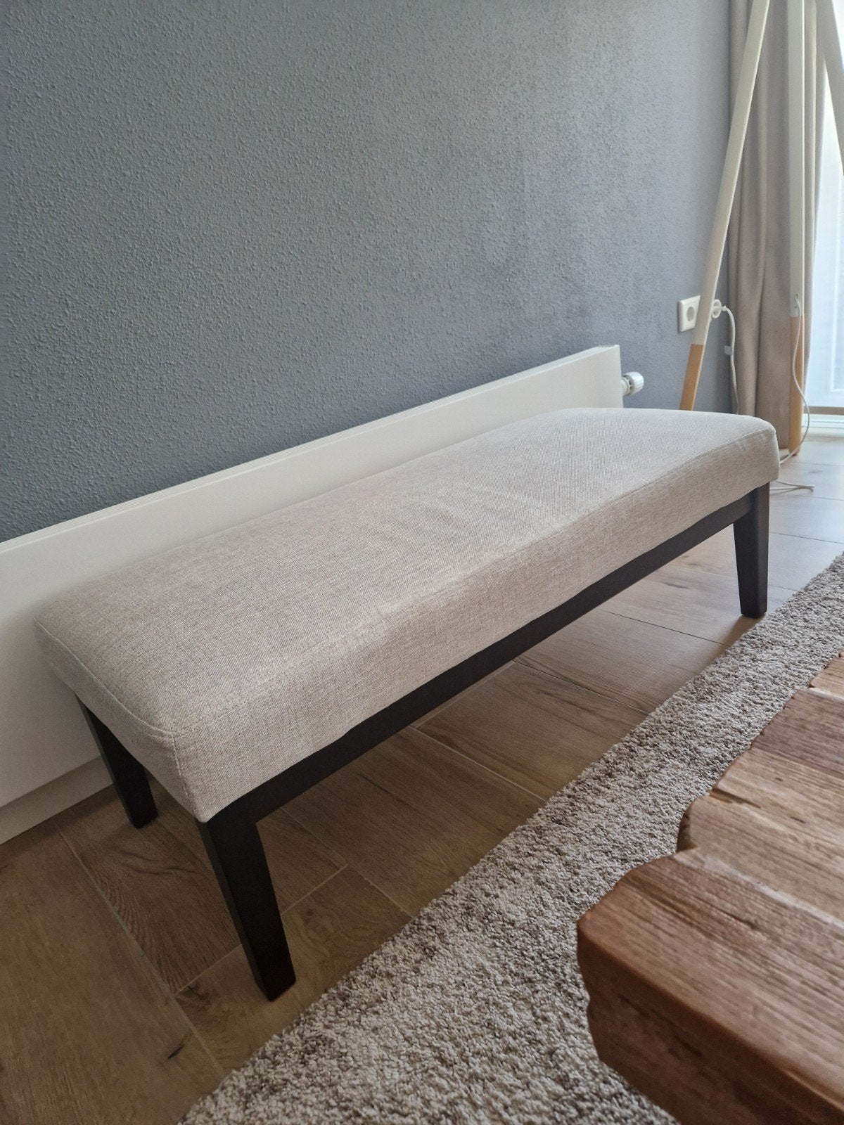 Ikea Ekenäset bankje beige met donker houten pootjes, Ophalen, Zo goed als nieuw, Stof