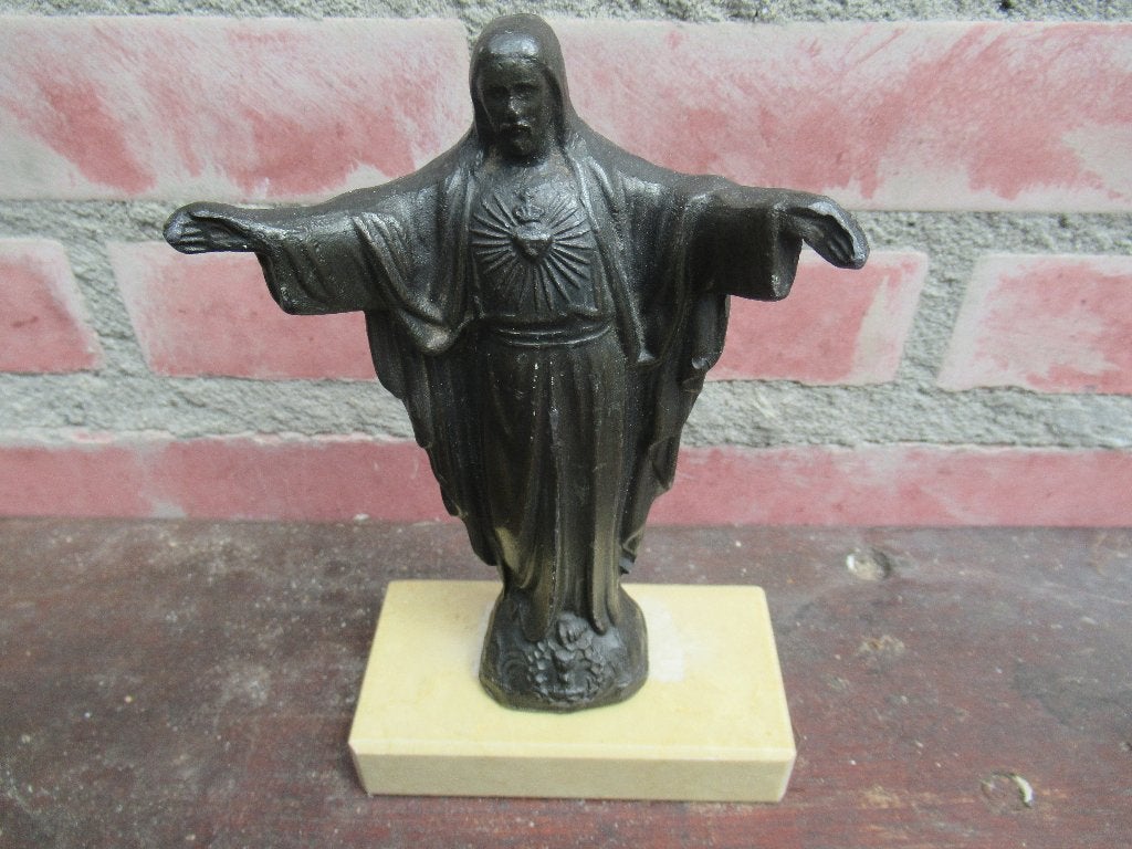 JEZUS BEELD Brons op marmeren sokkel 17 cm hoog 10 cm breed, Antiek en Kunst, Ophalen of Verzenden