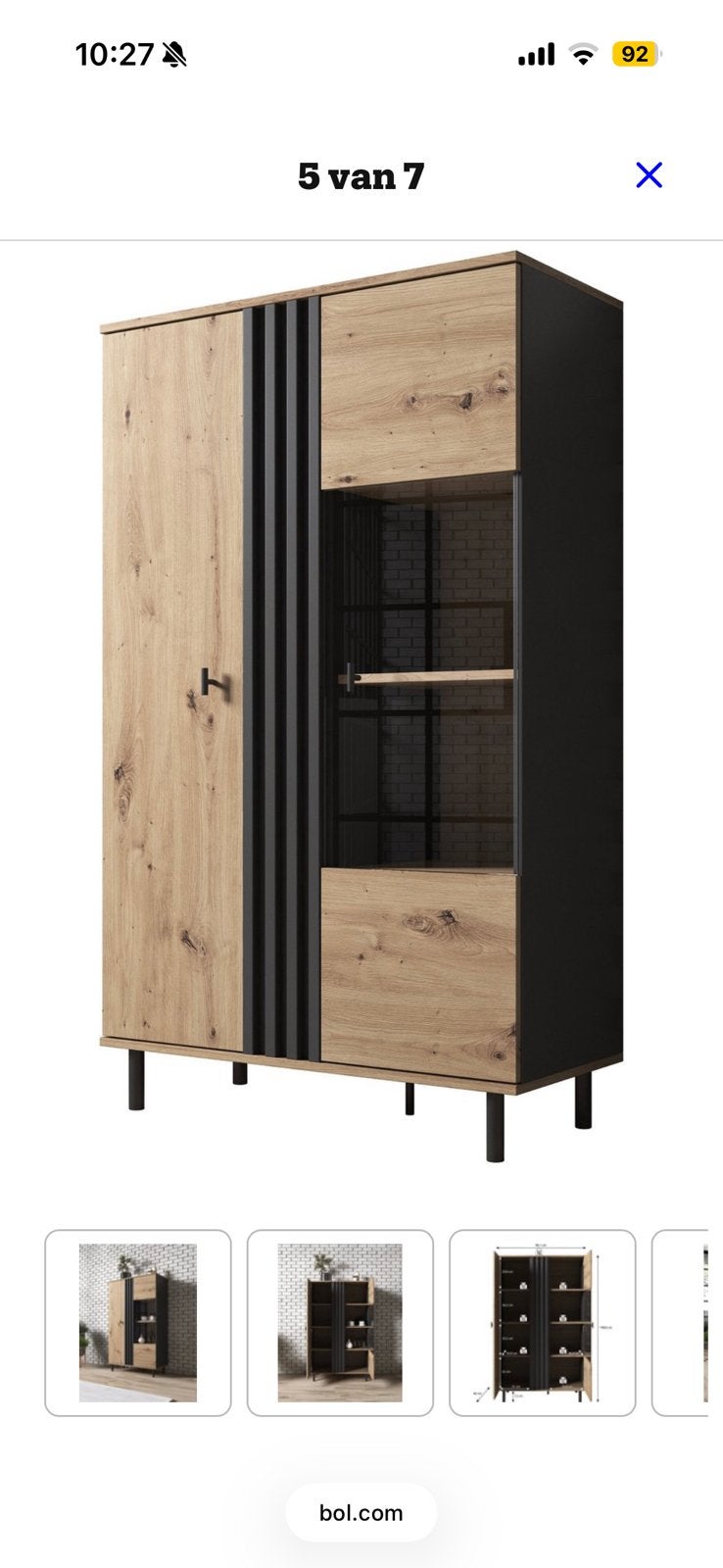 Meubella - Vitrinekast Marcos - Eiken - Antraciet - 90 cm, Huis en Inrichting, Kasten | Buffetkasten, Ophalen, Zo goed als nieuw