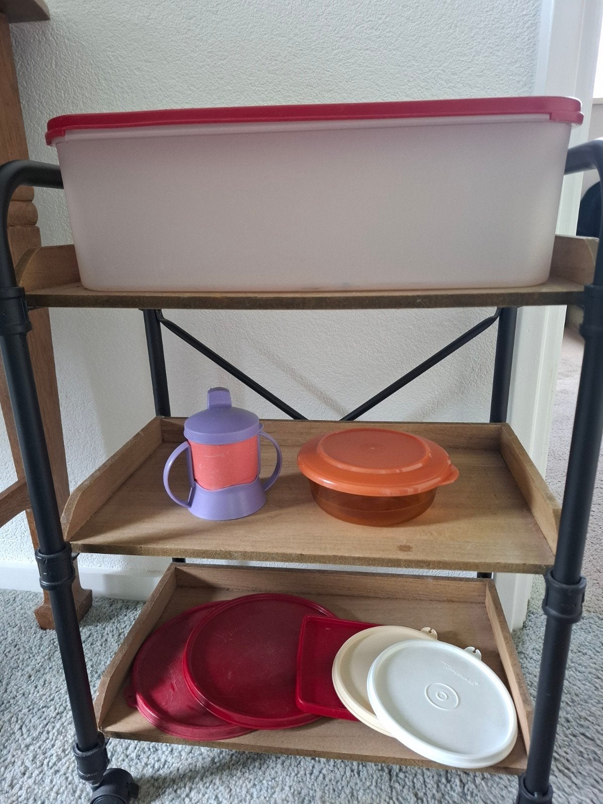 Tupperware set: voorraadbak, tuitbeker, schaaltje  deksels, Huis en Inrichting, Keuken | Tupperware, Gebruikt, Schaal, Oranje