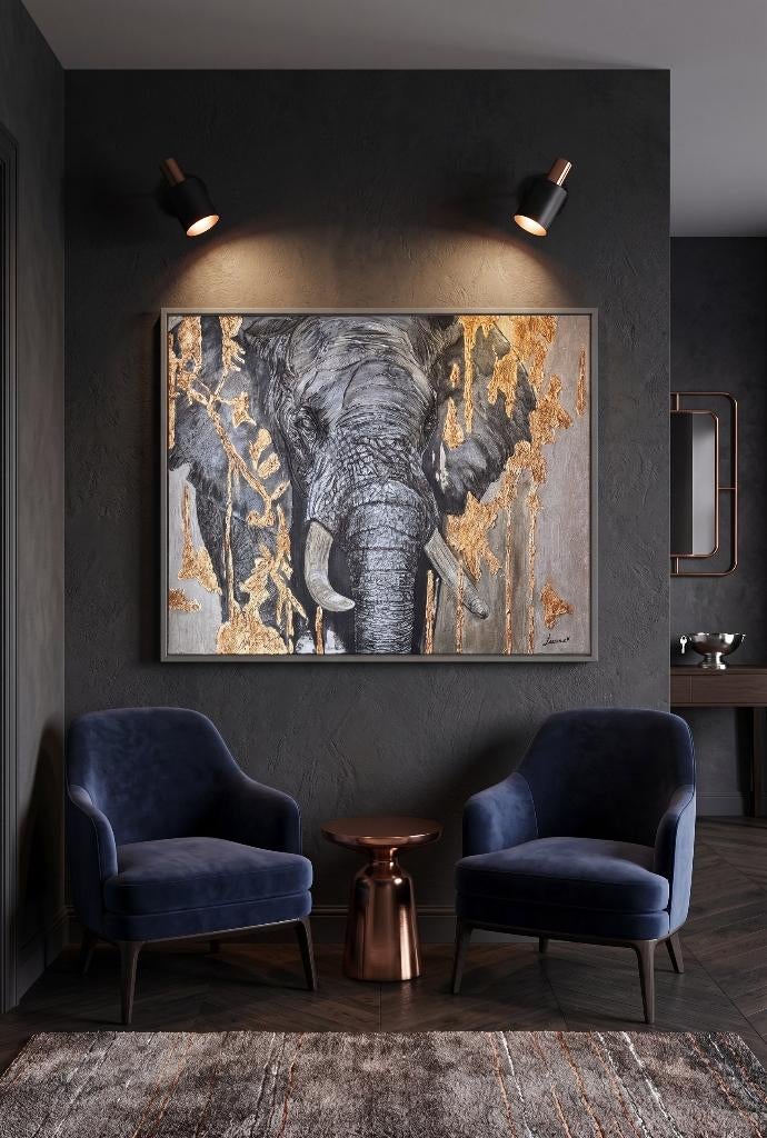 Modern olifant schilderij met goud en textuur 90 x 70, Ophalen of Verzenden