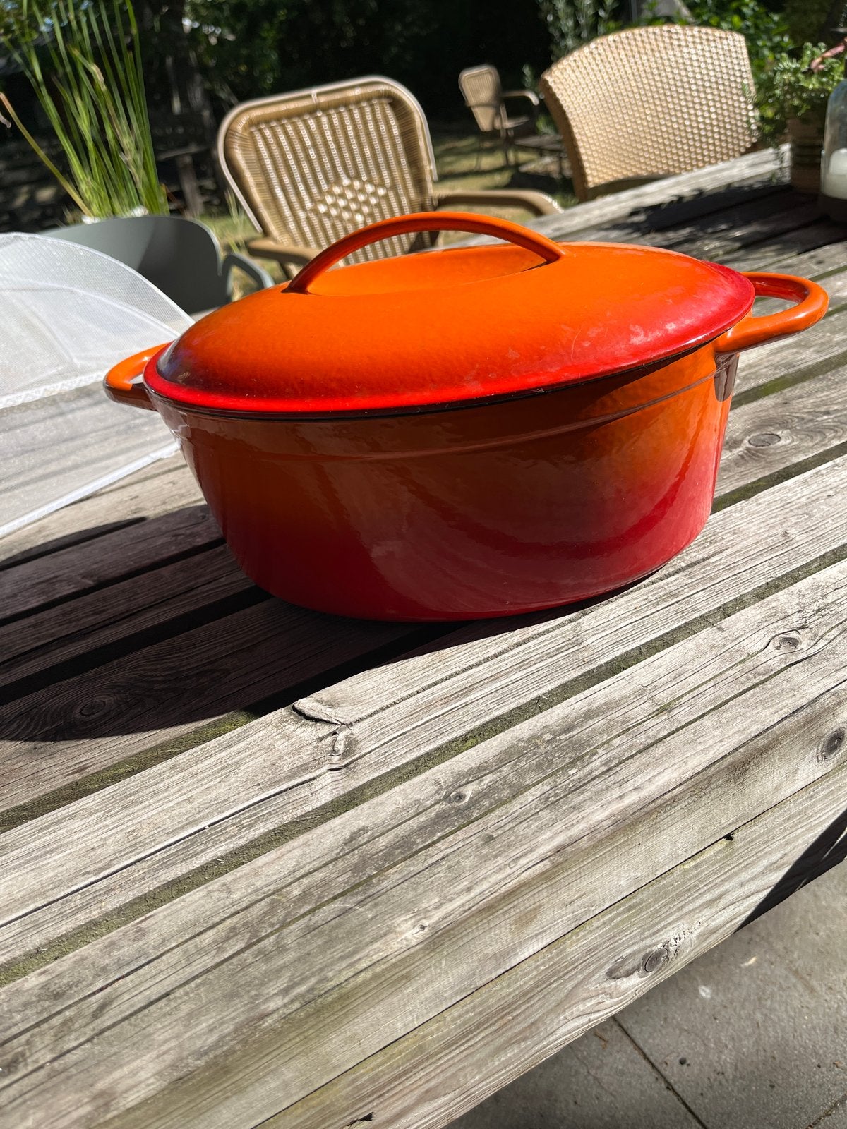 Oranje geëmailleerde gietijzeren braadpan met deksel, Ophalen, Gebruikt, Met deksel, Braadpan