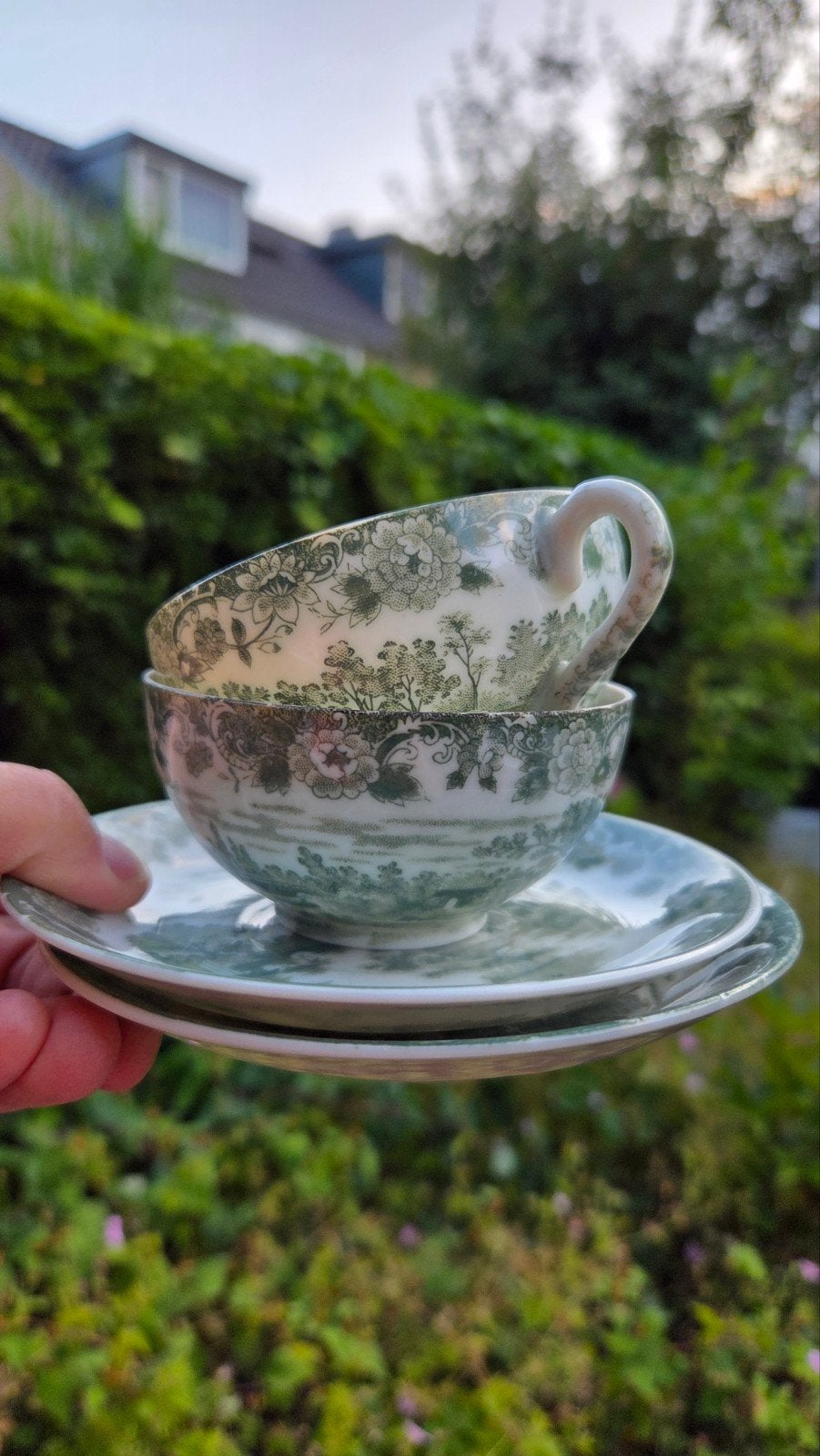 2 Vintage Porseleinen Kop en Schotels - Eierschaal Groen, Ophalen of Verzenden