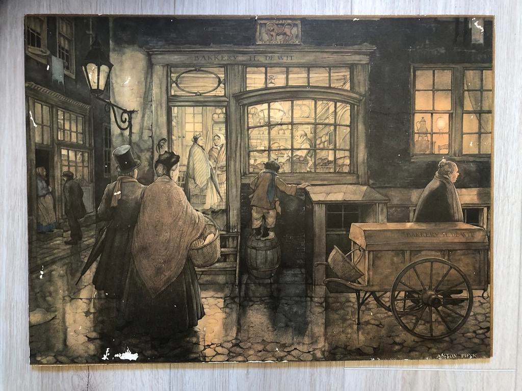 Vintage prent, Anton Pieck: Bakkerij de Wit, Gebruikt, Ophalen of Verzenden, 1940 tot 1960, Prent