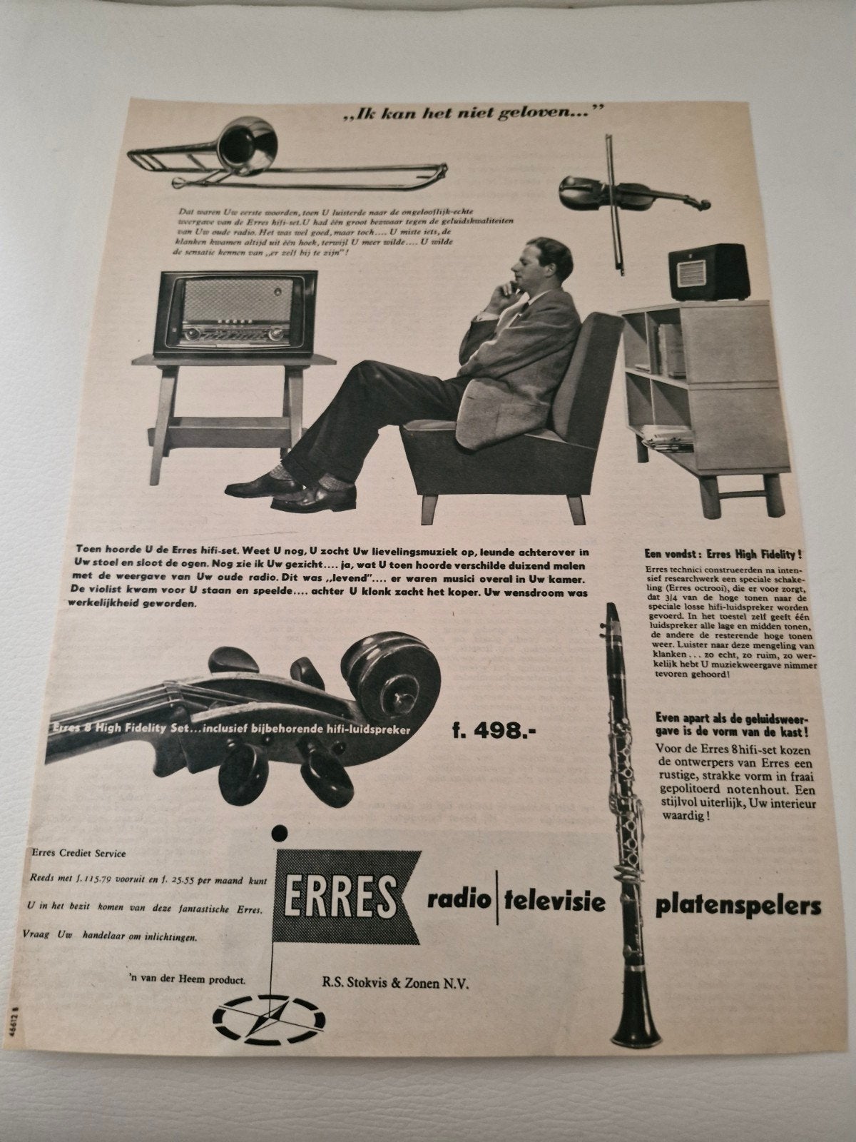Vintage Erres Hifi-set Advertentie - 32 x 24 cm, Verzamelen, Ophalen of Verzenden, Gebruikt, Overige typen