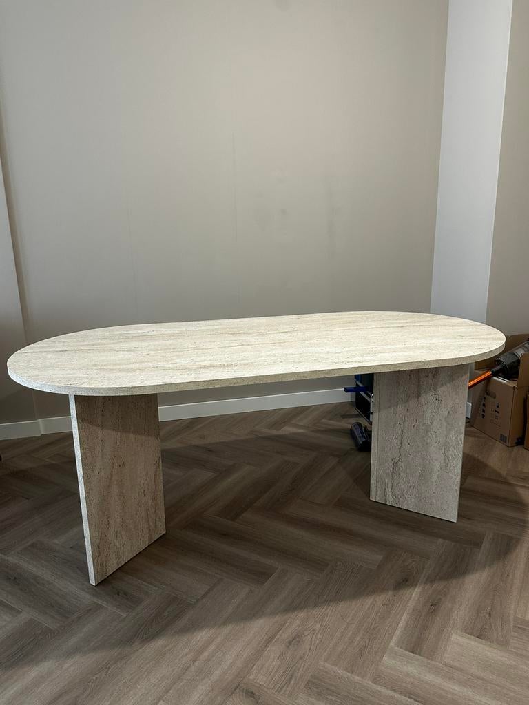 Travertin look eettafel - Ovaal design 180 cm, Ophalen, Nieuw, 50 tot 100 cm, 150 tot 200 cm
