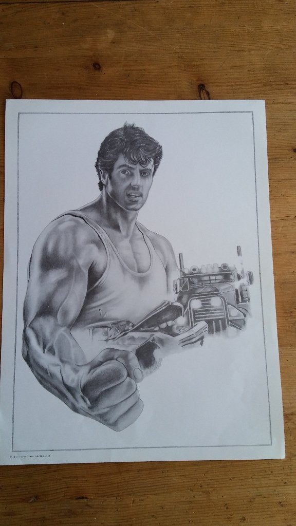 Rambo Rocky Sylvester Stallone vintage tekening print, Verzamelen, Ophalen of Verzenden, Gebruikt, Overige typen