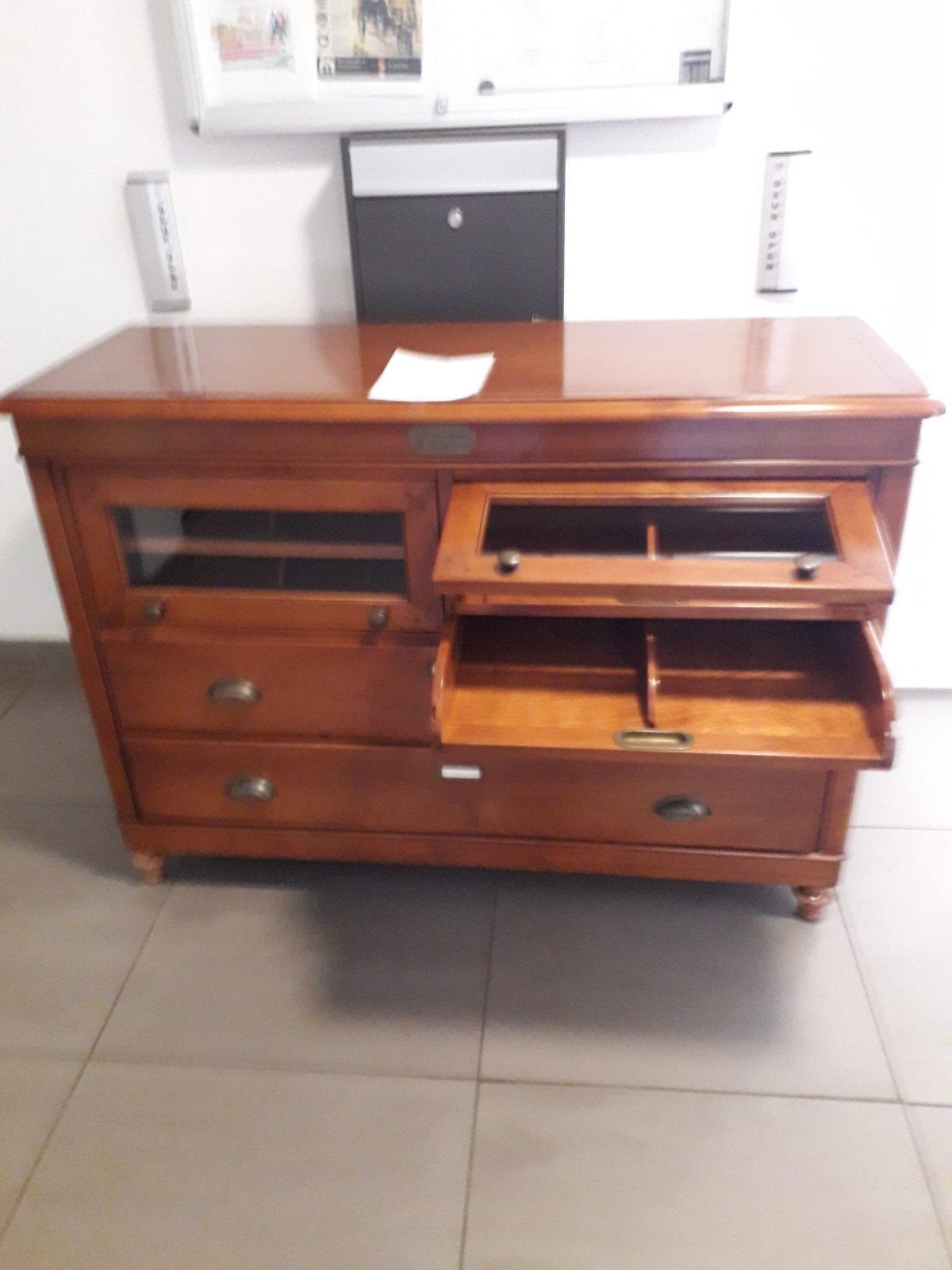 Antieke houten Franse linnenkast met glazen deuren en lades, Antiek en Kunst, Ophalen