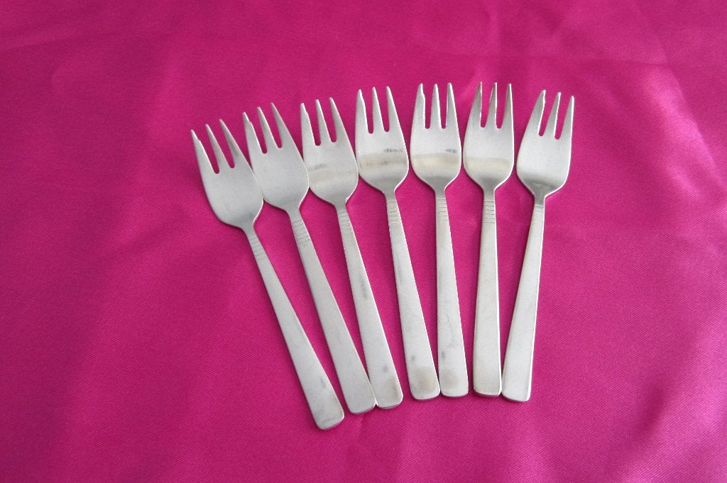 7 gebakvorkjes, taartvorkjes 12cm  Gero Zilmeta 510 Slowfox, Huis en Inrichting, Gebruikt, Gero, Gebaksvork, Los bestek