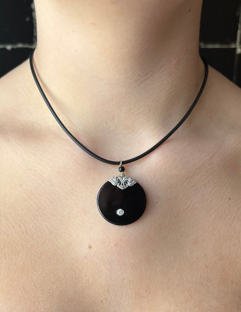 Diamant art deco onyx fraaie gouden ketting en hanger antiek, Ophalen of Verzenden, Goud, Ketting, Met edelsteen