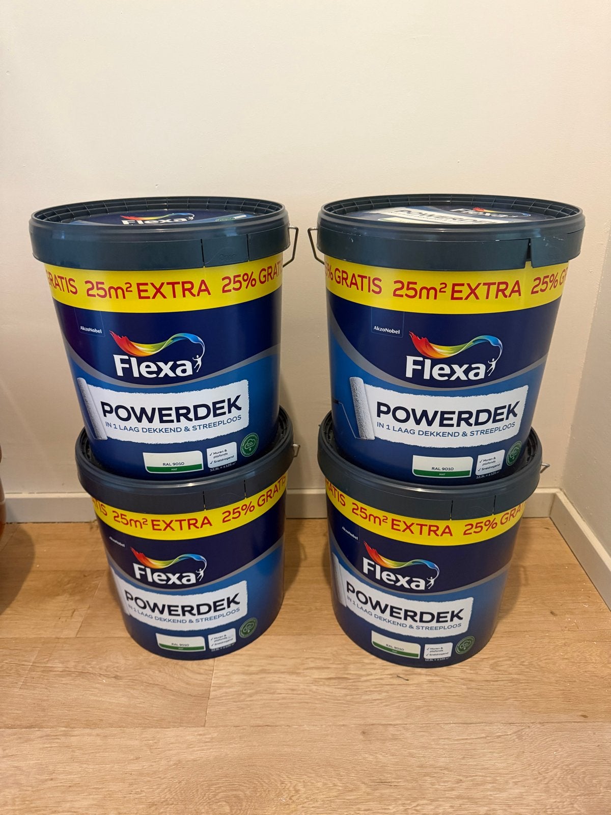 4x Flexa Powerdek Muurverf - Wit, 25m² Extra, Wit, Nieuw, Ophalen of Verzenden, Verf