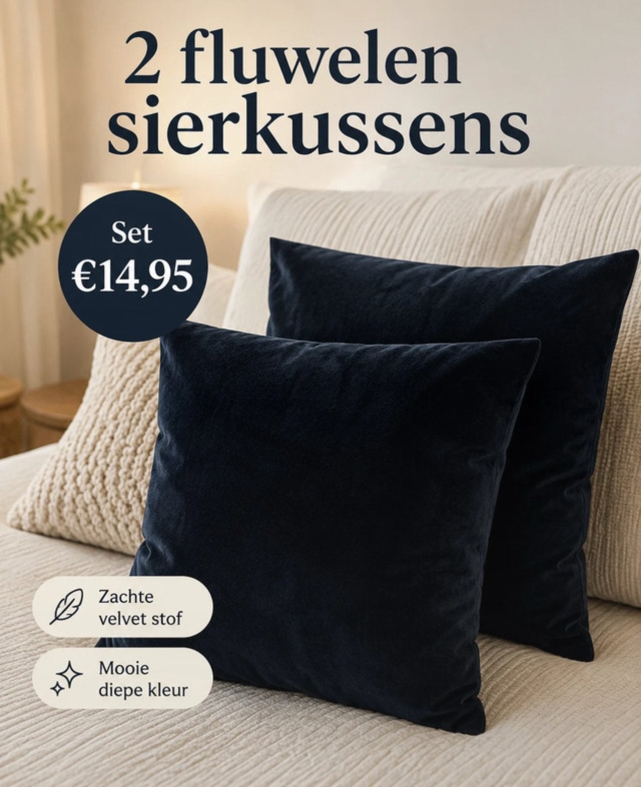2 fluwelen sierkussens - Action 45x45 cm, Overige merken, Blauw, Vierkant, Nieuw