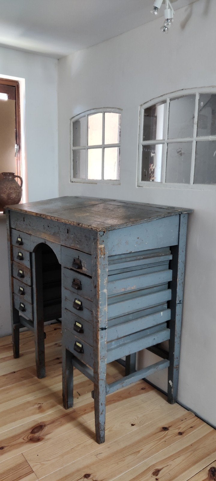 industrieel, vintage bureau, ladekast, petrol blauw, Ophalen