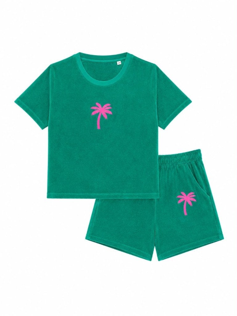 Setje Badstof Kids Groen Palmboom Roze 104|116|128|140|152, Verzenden, Nieuw, Pinned by K, Meisje