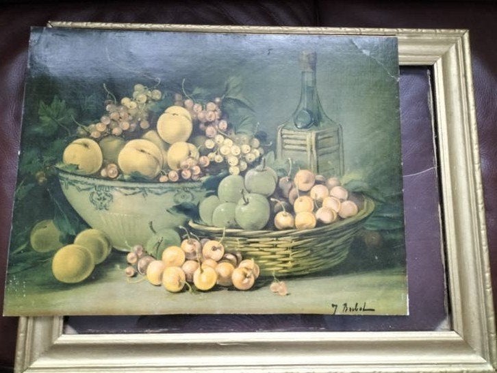 Stilleven met fruit en mand - Gesigneerd schilderij, Antiek en Kunst, Doek, Stilleven, Ophalen of Verzenden, Olieverf