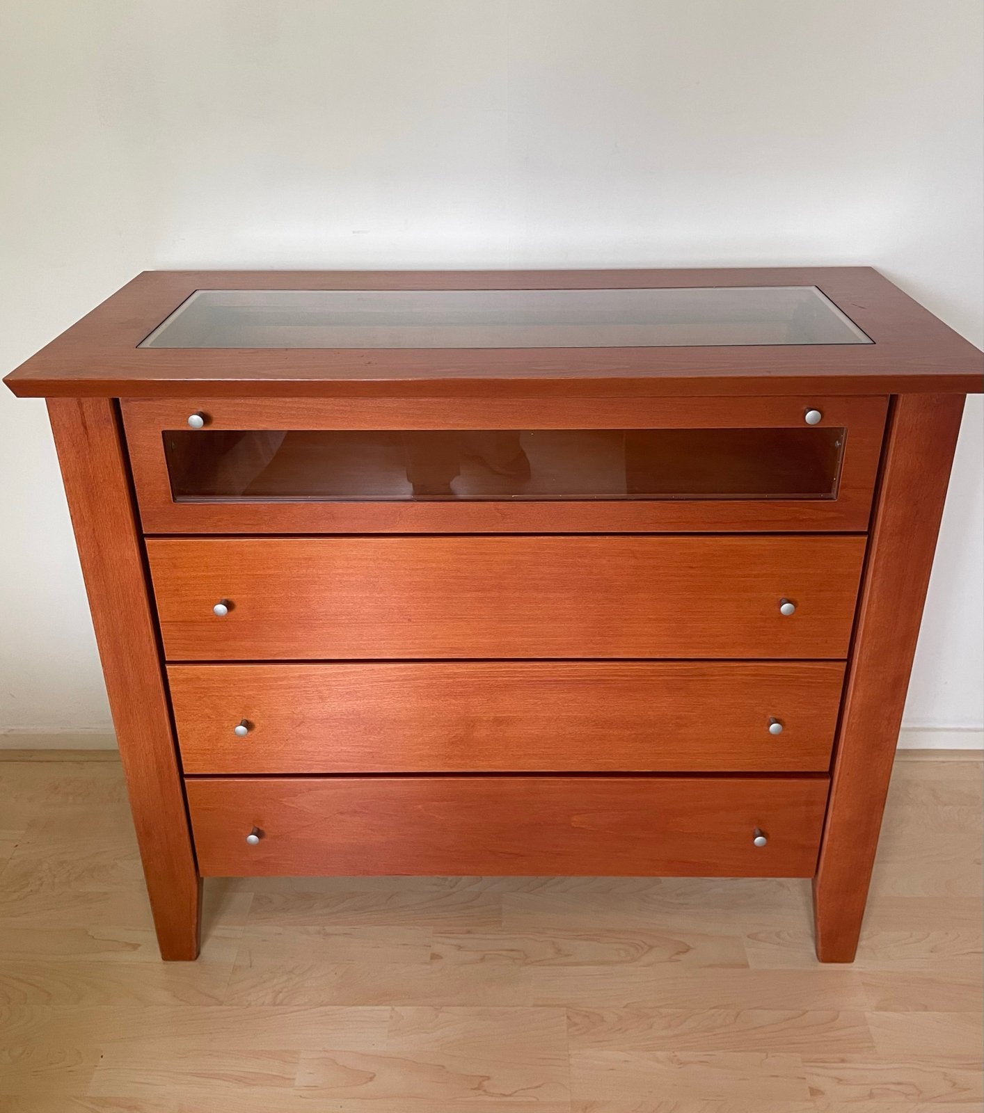 Mahonie houten ladekast, glazen/vitrine lade - 85x100x45cm, Ophalen, Gebruikt, 100 tot 150 cm, 3 of 4 laden