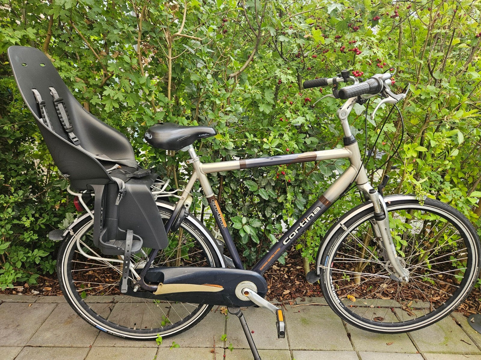 Cortina heren fiets met Urban Iki kinderzitje, Fietsen en Brommers, Gebruikt, Velgrem, Versnellingen, Ophalen