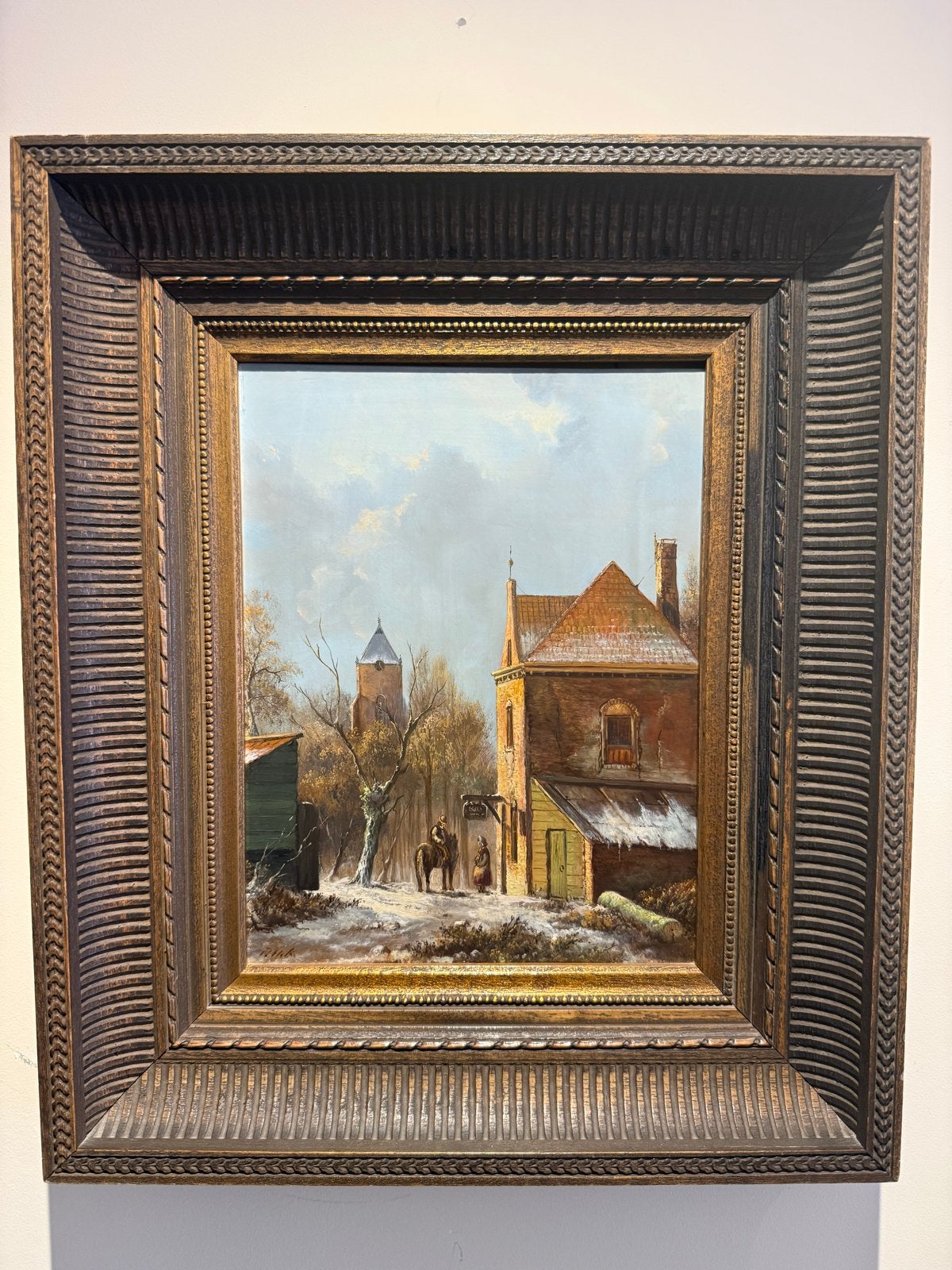 P.H.K. - "Een winterochtend" - Olieverf op houten paneel, Ophalen, Paneel, Bijzondere lijst, Olieverf