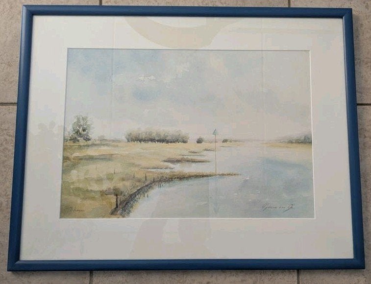 Aquarel gezicht op de Rijn bij Rhenen - Gerrie van Os, Antiek en Kunst, Ophalen, Achter glas, Aquarel
