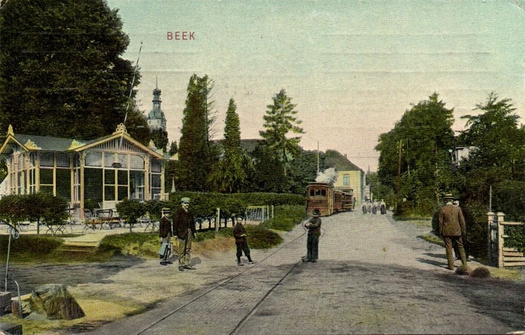 Beek - dorpsgezicht stoomtram - 1909 gelopen, Verzamelen, Verzenden, Voor 1920, Gelopen, Limburg