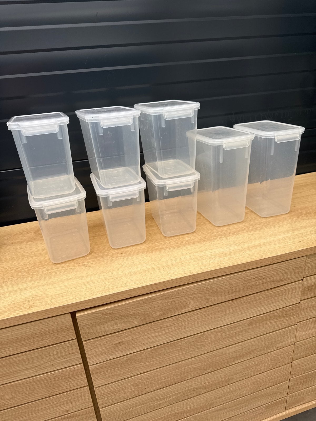 Set van 8transparante voorraadpotten, Kunststof, Ophalen of Verzenden, Zo goed als nieuw, Voorraadpot