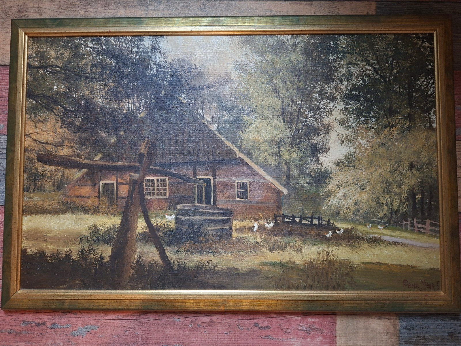 Schilderij Peter Meurs - Boerderij, Doek, Realistisch, Ophalen of Verzenden, Landschap