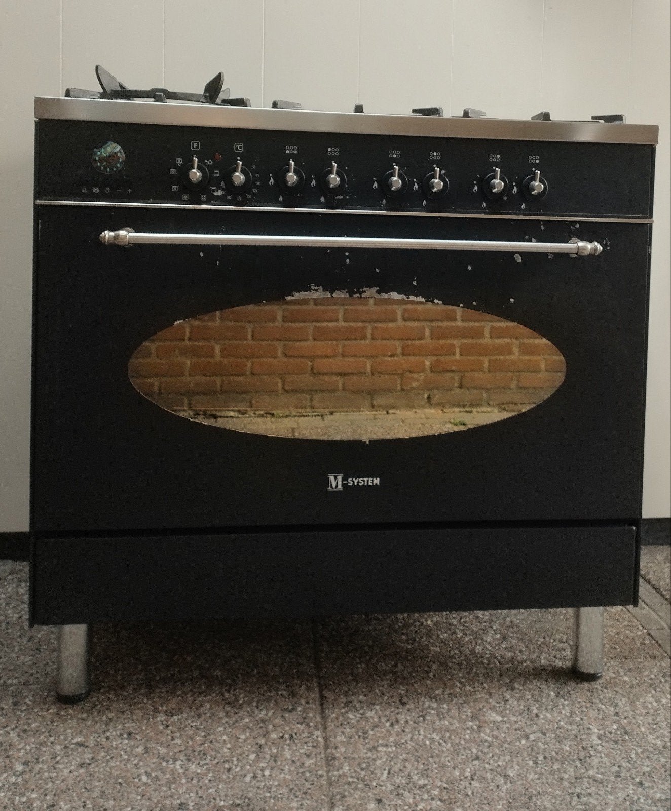 M-System 6-pits fornuis met brede oven - zwart/RVS, Witgoed en Apparatuur, Fornuizen, Ophalen, Gebruikt, Hete lucht, 60 cm of meer